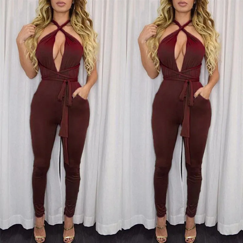 10 colors Women Fashion Pocket Rompers and Jumpsuit Autumn Sexy Cross Playsuit Bodysuits Elegant Bandage Plus Size XD259