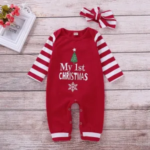 2-piece Letter Pattern Striped Jumpsuit & Headband for Baby