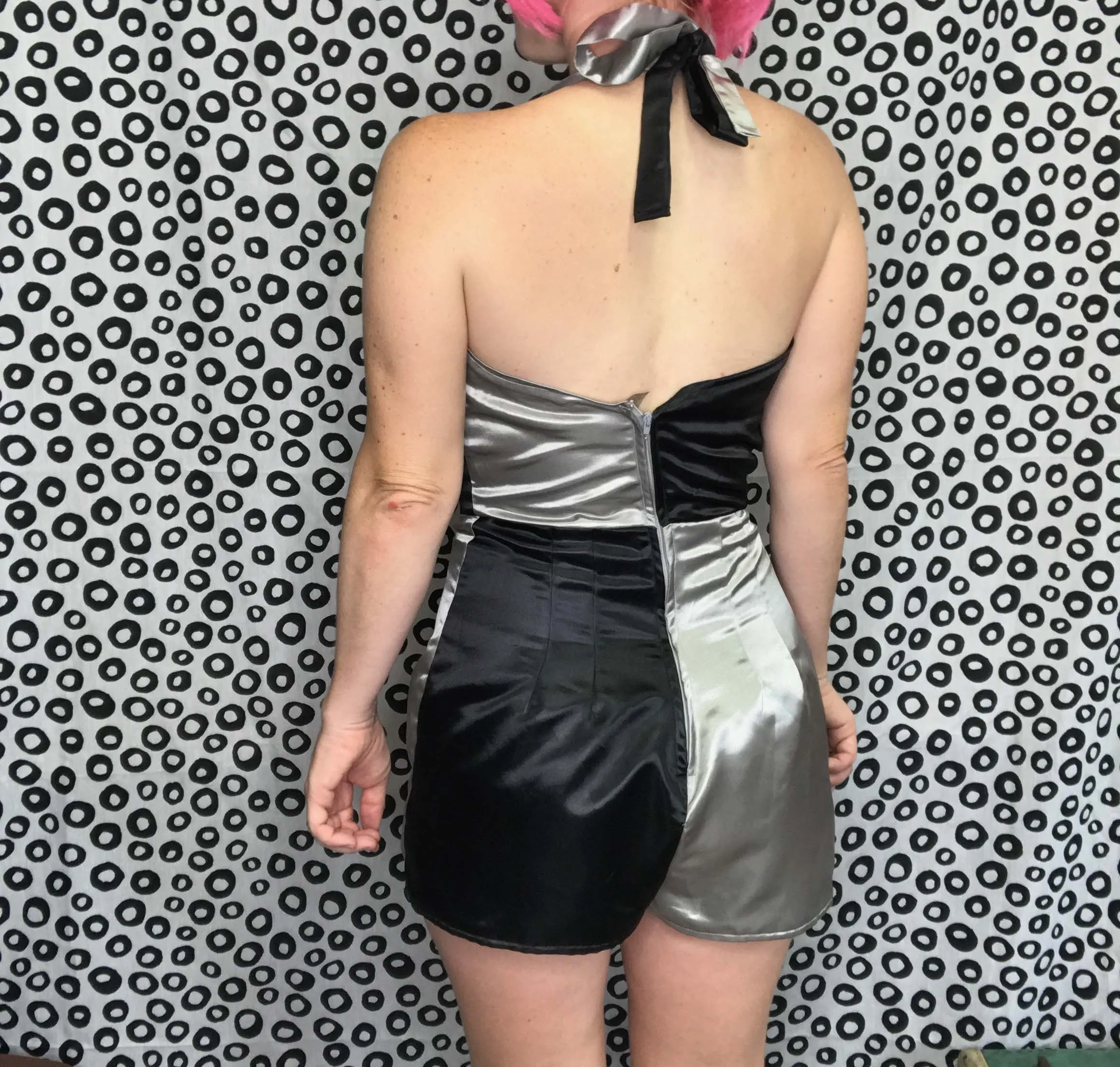 80s 90s Y2K | Silver and Black Checker Mod GoGo Jumpsuit Romper Playsuit | S