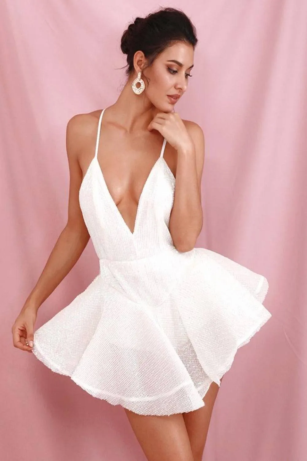 A Night In The Ballet Sequins White Ruffle Mini Dress