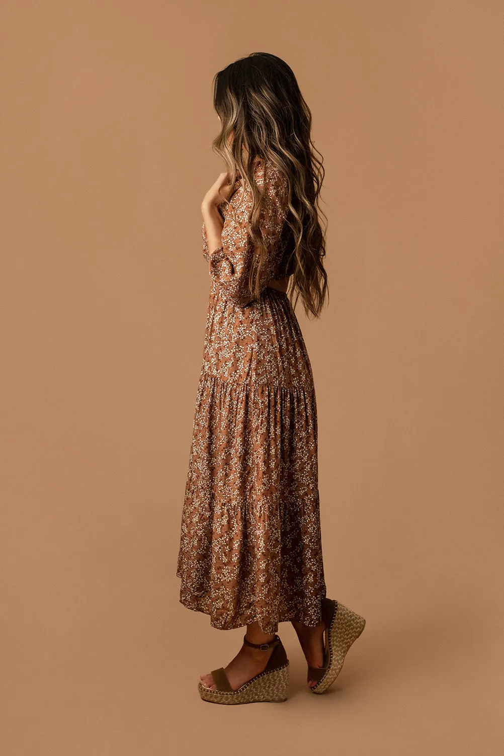All Over Again Open Back Maxi Dress (Mocha Ditsy)