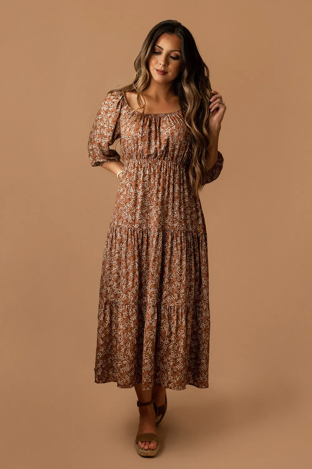 All Over Again Open Back Maxi Dress (Mocha Ditsy)