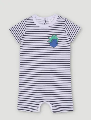 Baby Boys Striped Romper With Dino Pocket