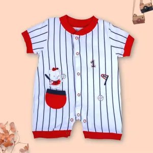 Baby Moo Sporty Teddy Striped Soft Cotton Short Romper - Red