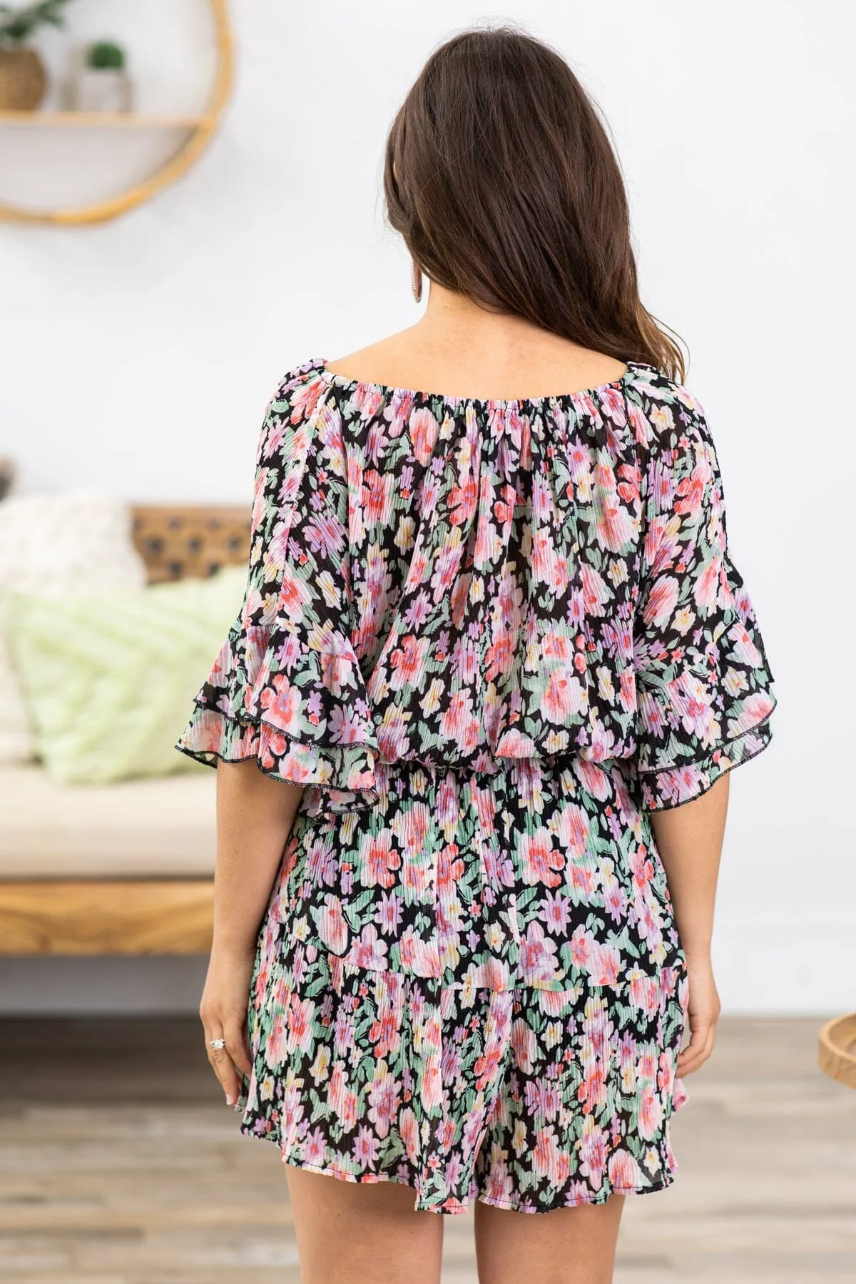 Black and Orchid Floral Short Sleeve Romper