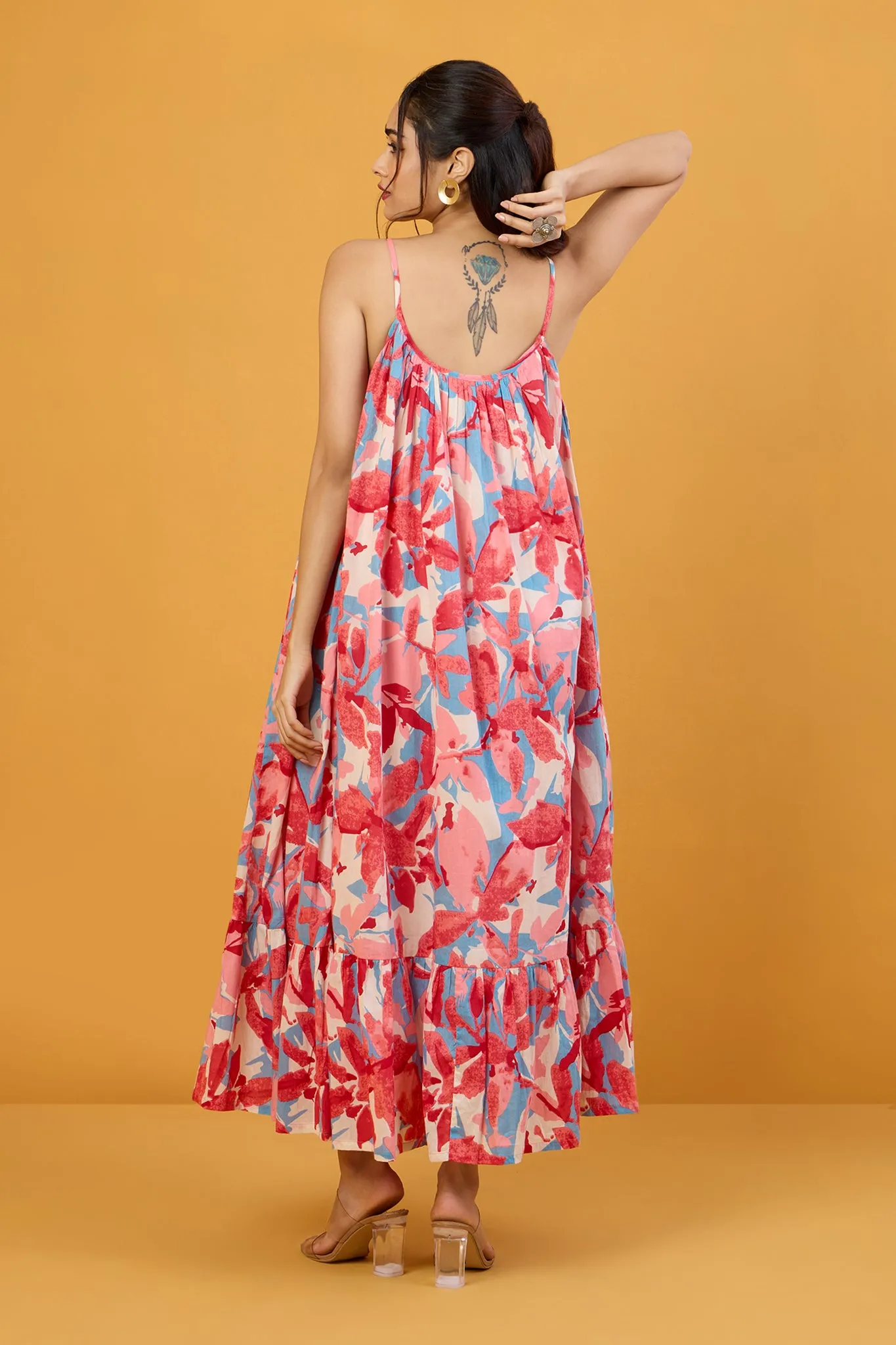 Blush Blue Pastel Roses Long Ruffle Strap Dress
