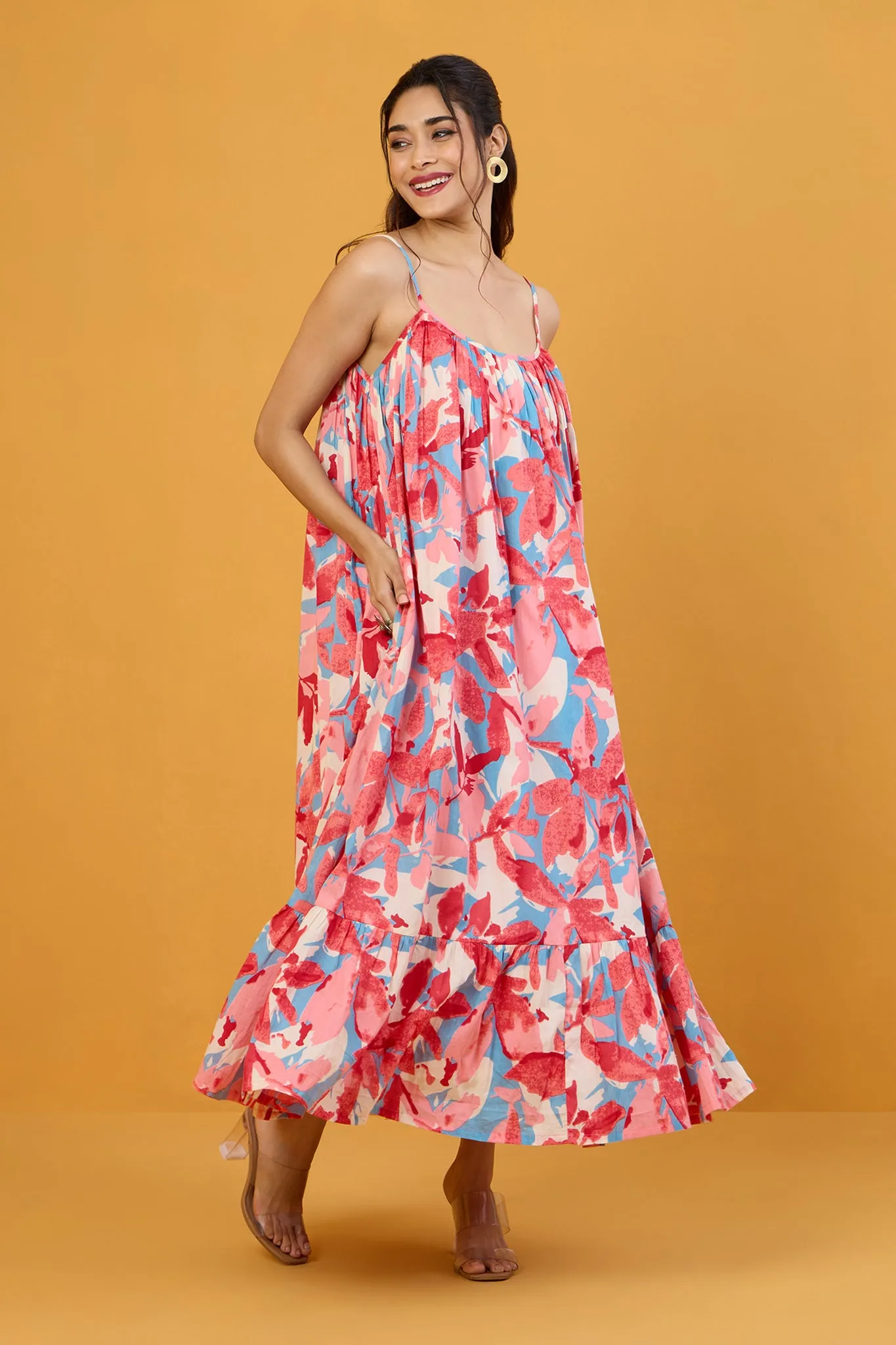 Blush Blue Pastel Roses Long Ruffle Strap Dress