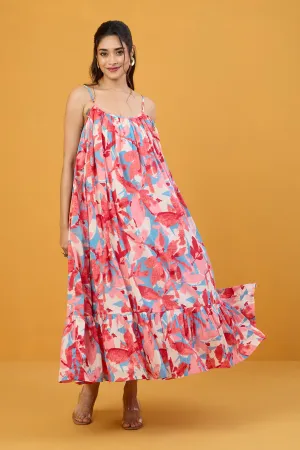 Blush Blue Pastel Roses Long Ruffle Strap Dress