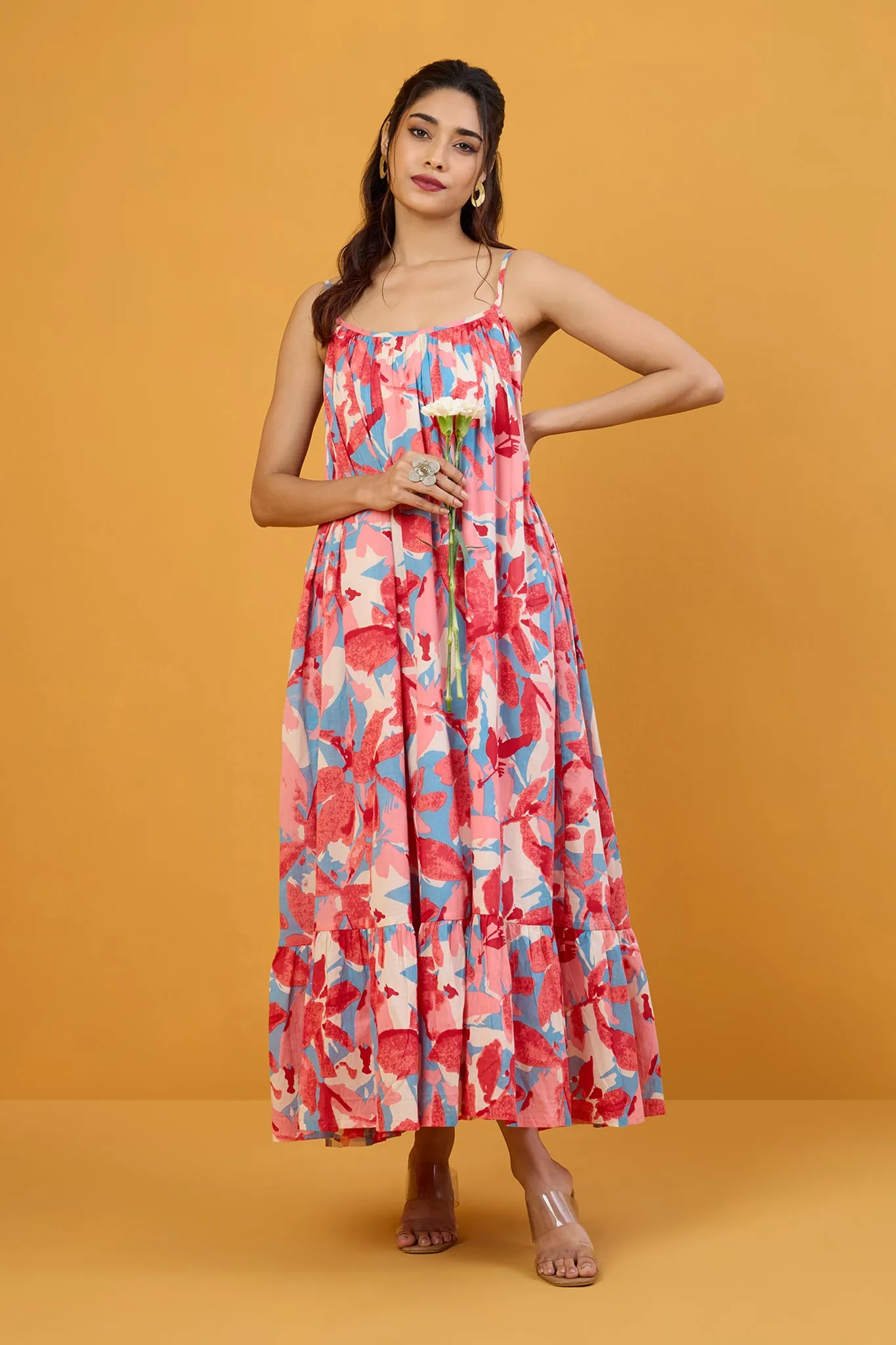 Blush Blue Pastel Roses Long Ruffle Strap Dress