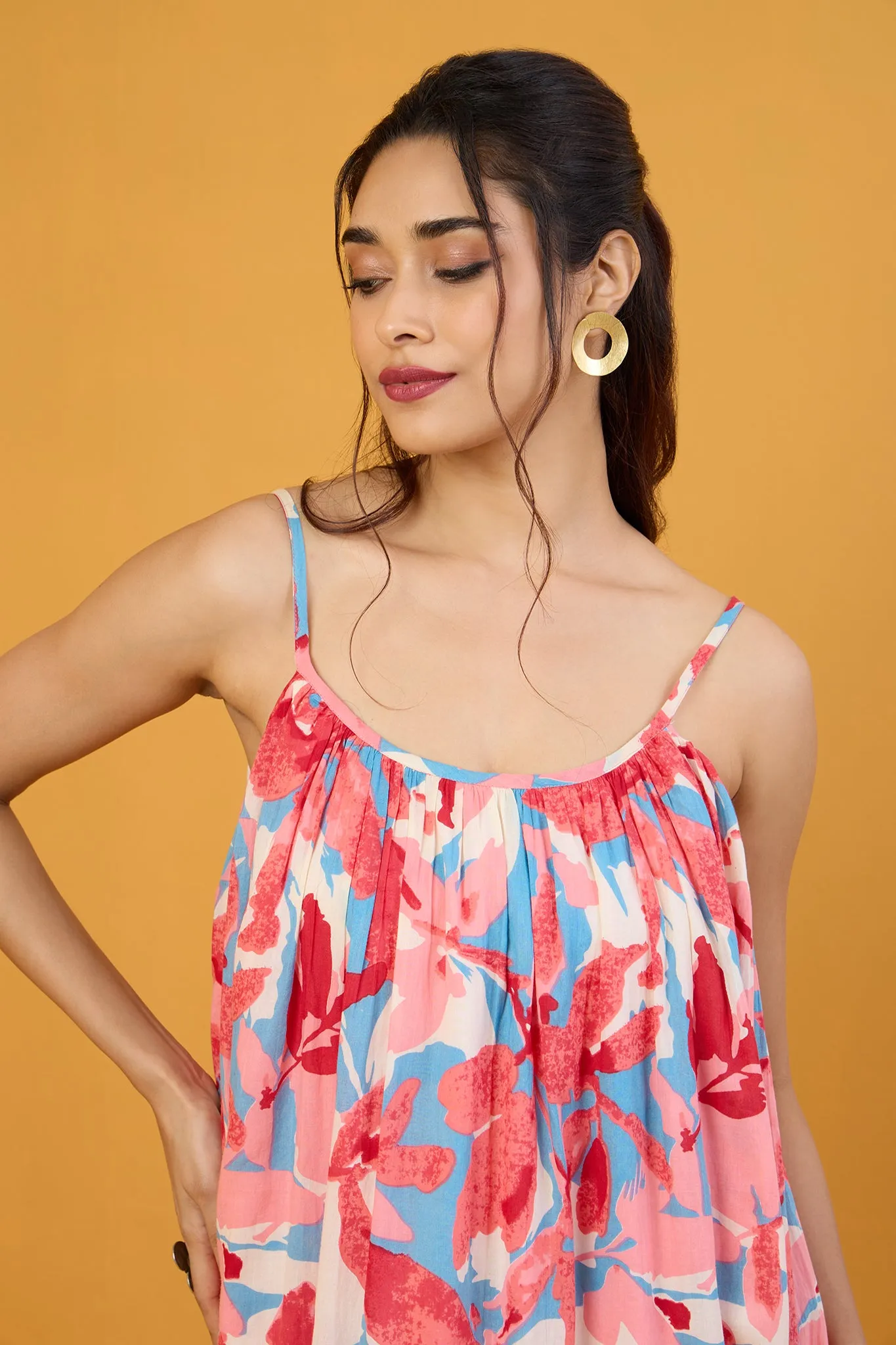 Blush Blue Pastel Roses Long Ruffle Strap Dress