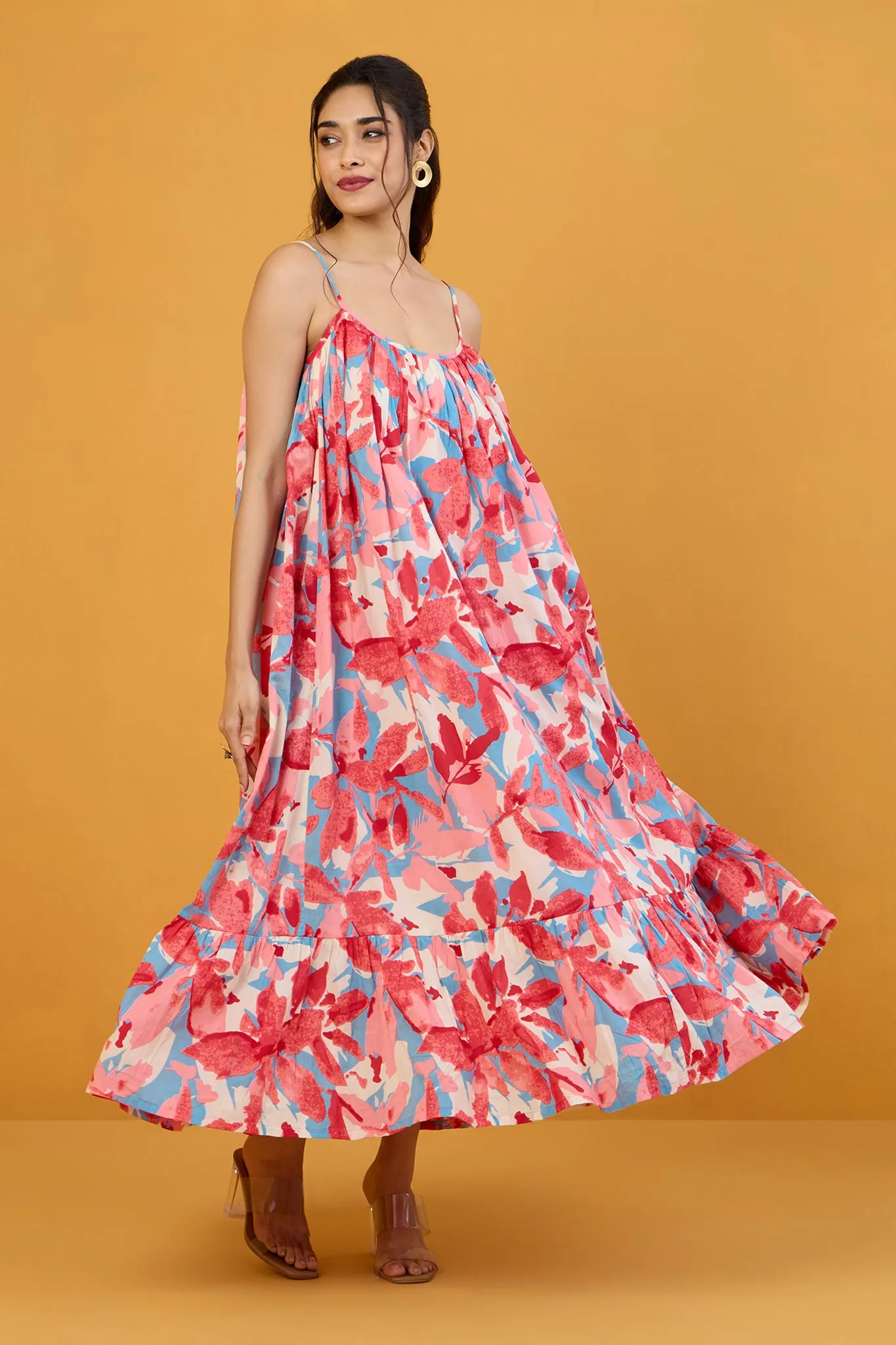 Blush Blue Pastel Roses Long Ruffle Strap Dress