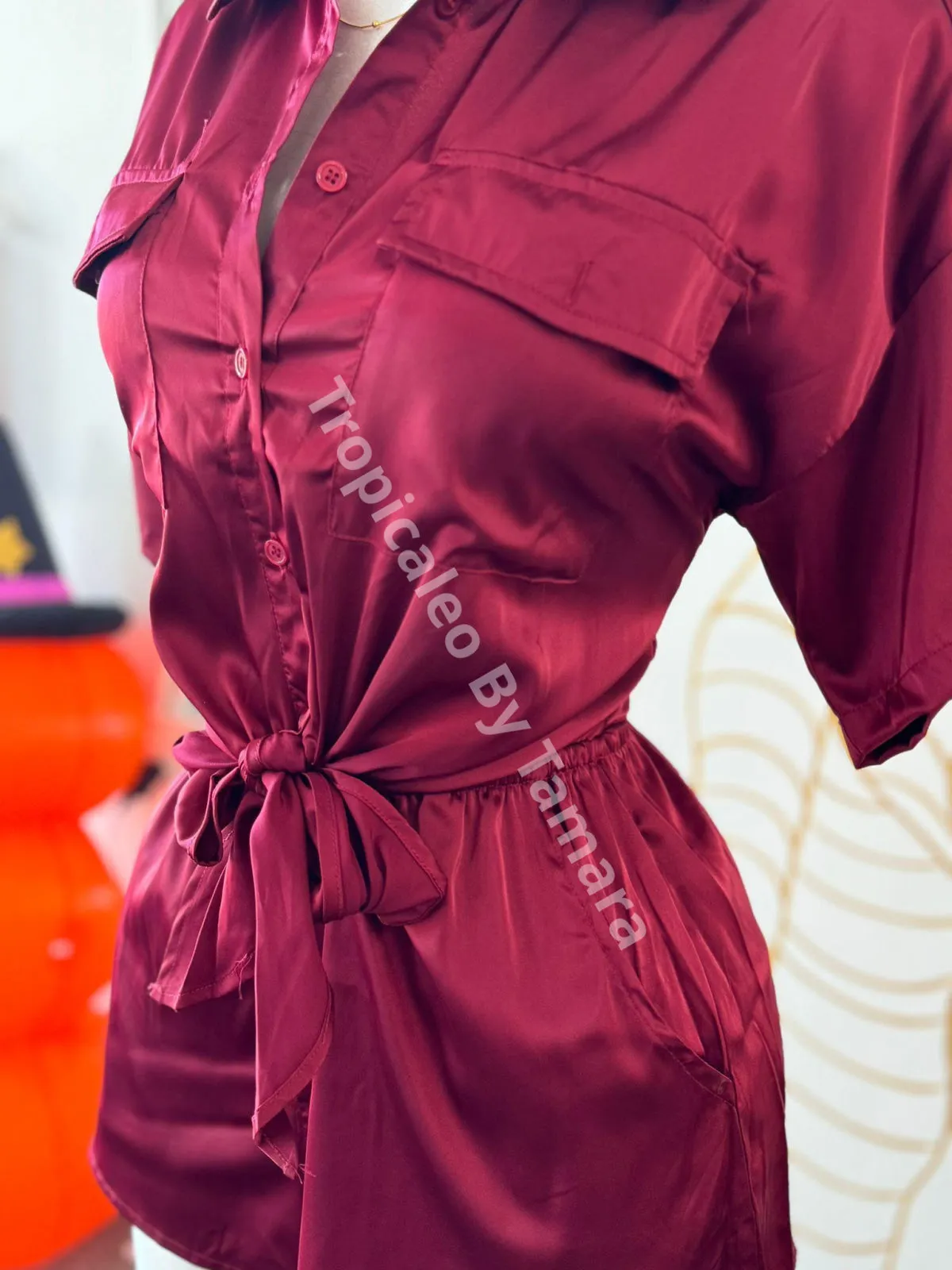 Burgundy Satin Playsuit
