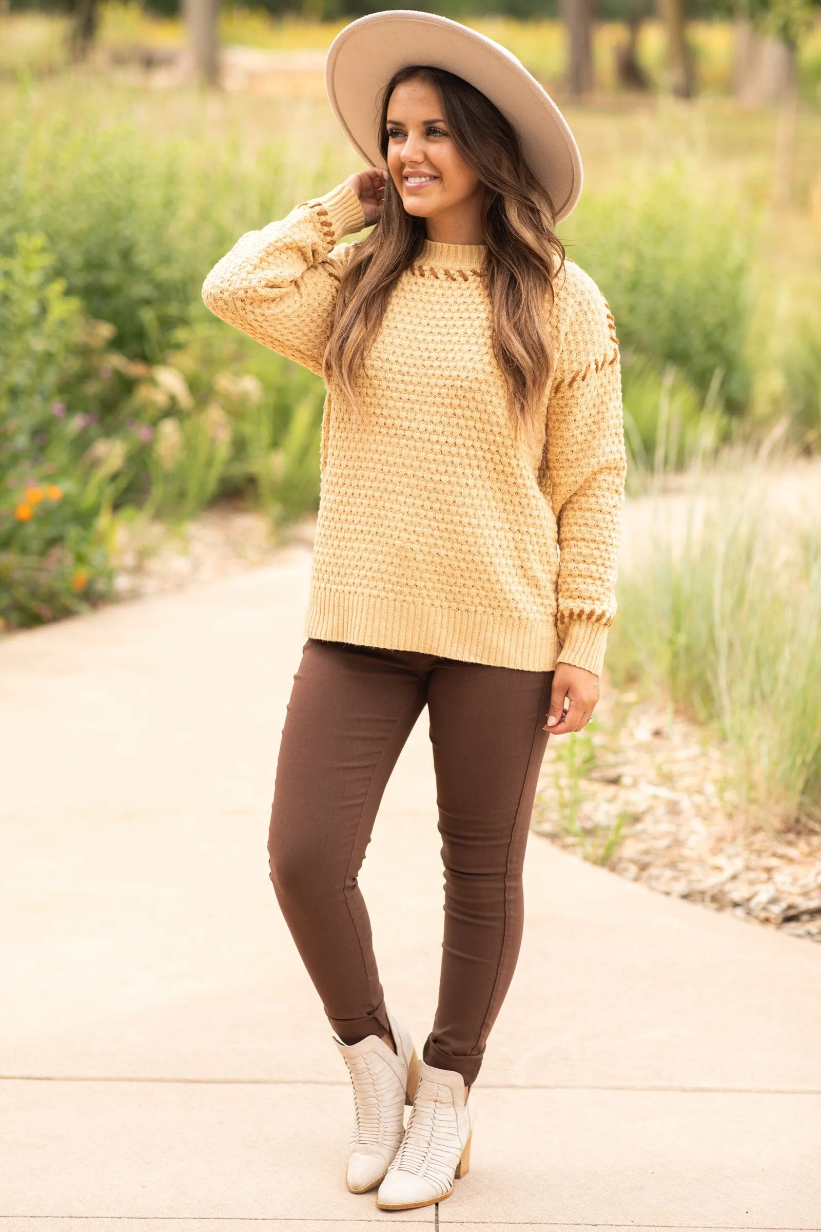 Camel Contrast Stitch Textured Sweater