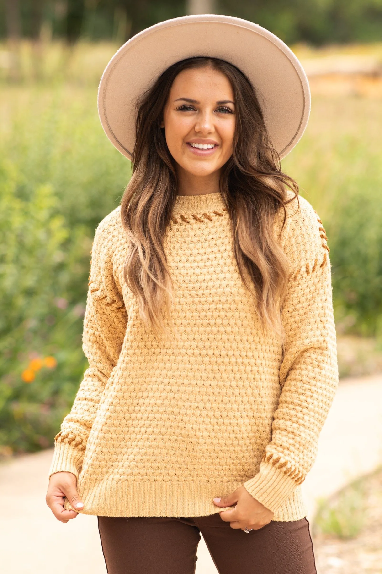 Camel Contrast Stitch Textured Sweater