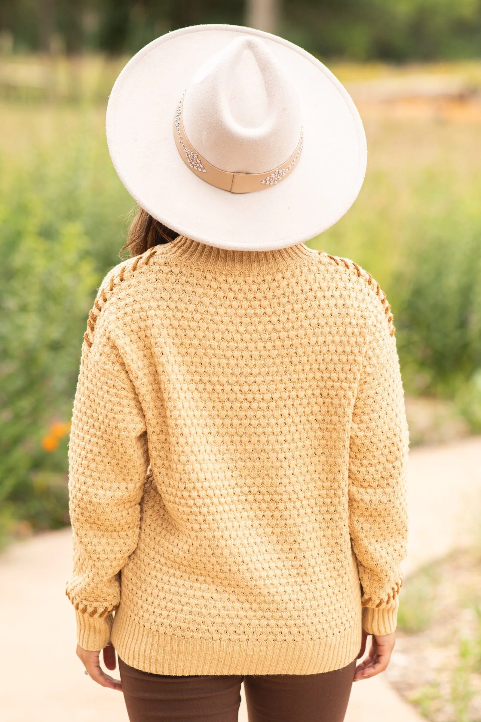 Camel Contrast Stitch Textured Sweater