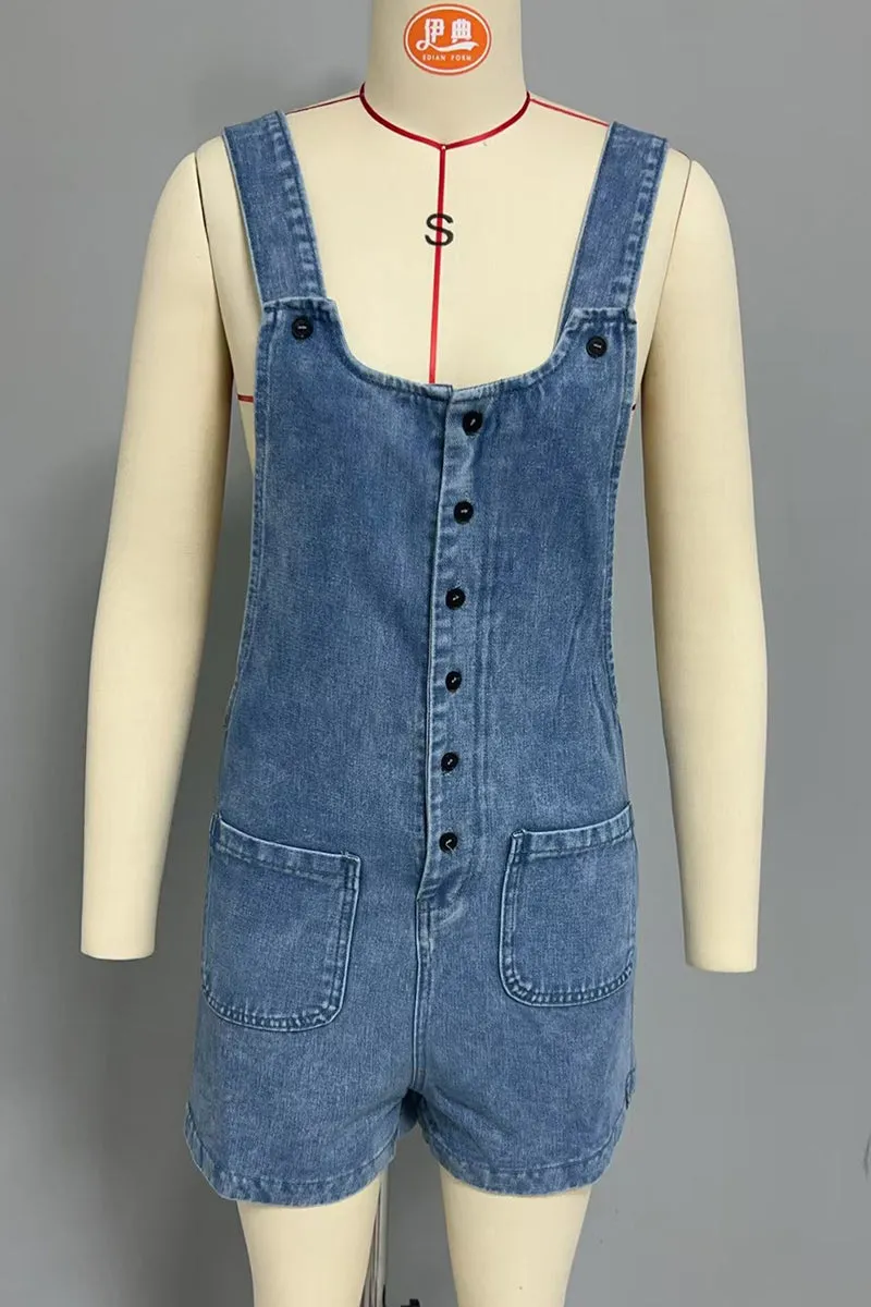 Casual Pocket Buttons U Neck Loose Rompers