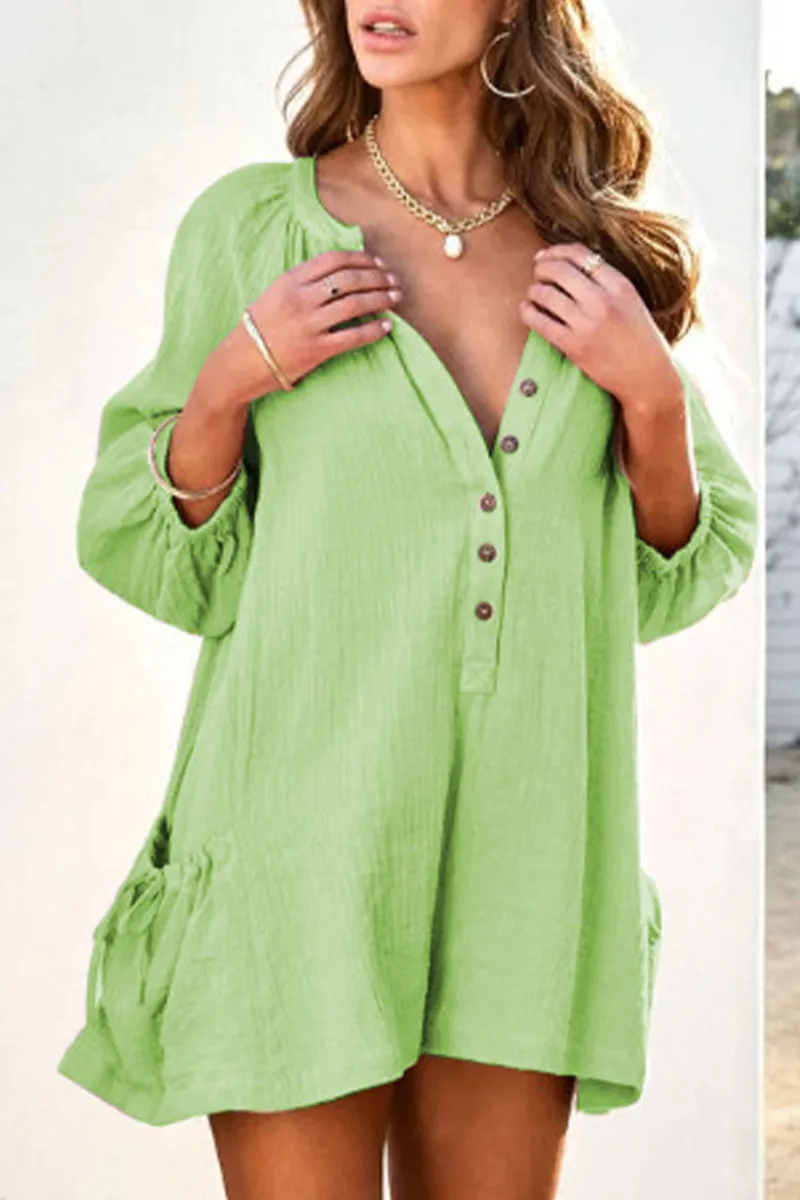 Casual Simplicity Solid Pocket V Neck Loose Rompers