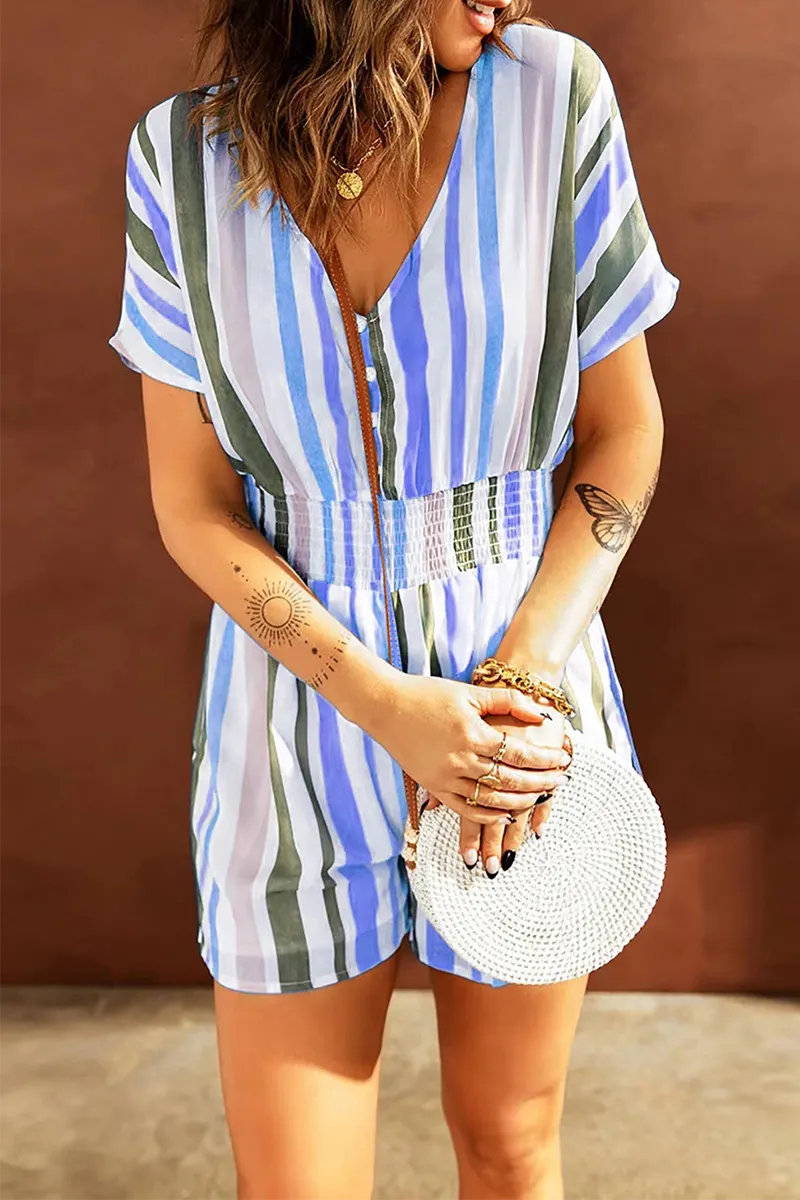 Casual Striped Patchwork V Neck Straight Rompers(5 Colors)