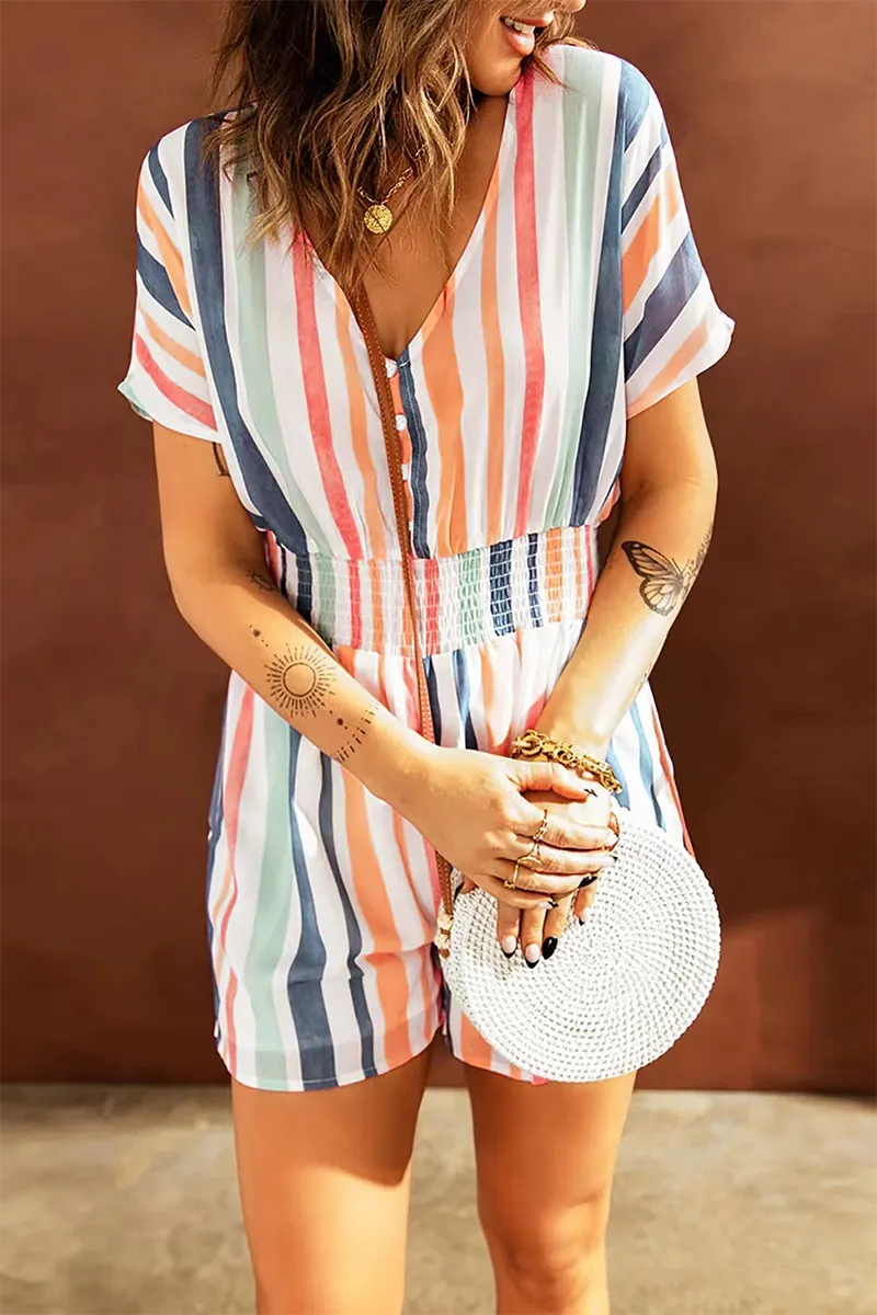 Casual Striped Patchwork V Neck Straight Rompers(5 Colors)