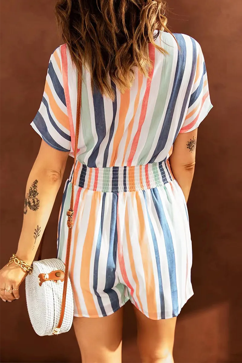 Casual Striped Patchwork V Neck Straight Rompers(5 Colors)