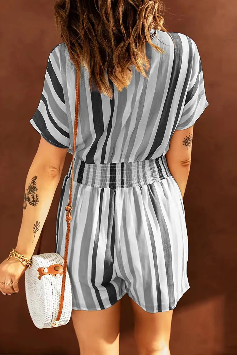 Casual Striped Patchwork V Neck Straight Rompers(5 Colors)
