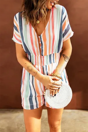 Casual Striped Patchwork V Neck Straight Rompers(5 Colors)