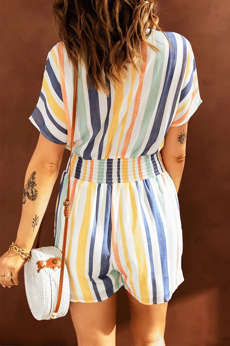 Casual Striped Patchwork V Neck Straight Rompers(5 Colors)