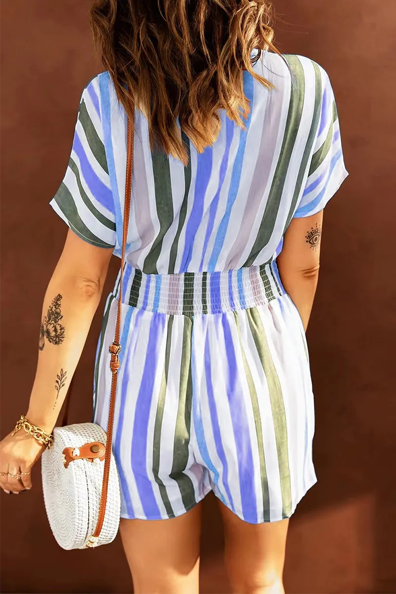 Casual Striped Patchwork V Neck Straight Rompers(5 Colors)