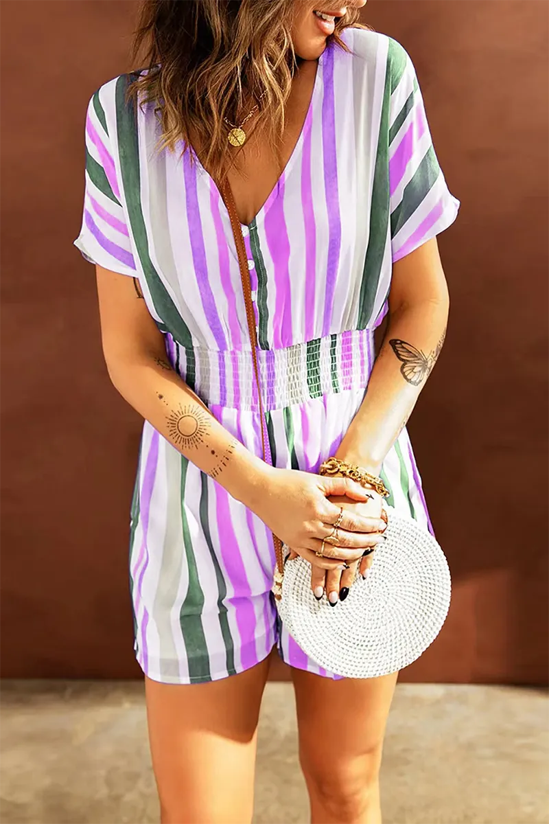 Casual Striped Patchwork V Neck Straight Rompers(5 Colors)