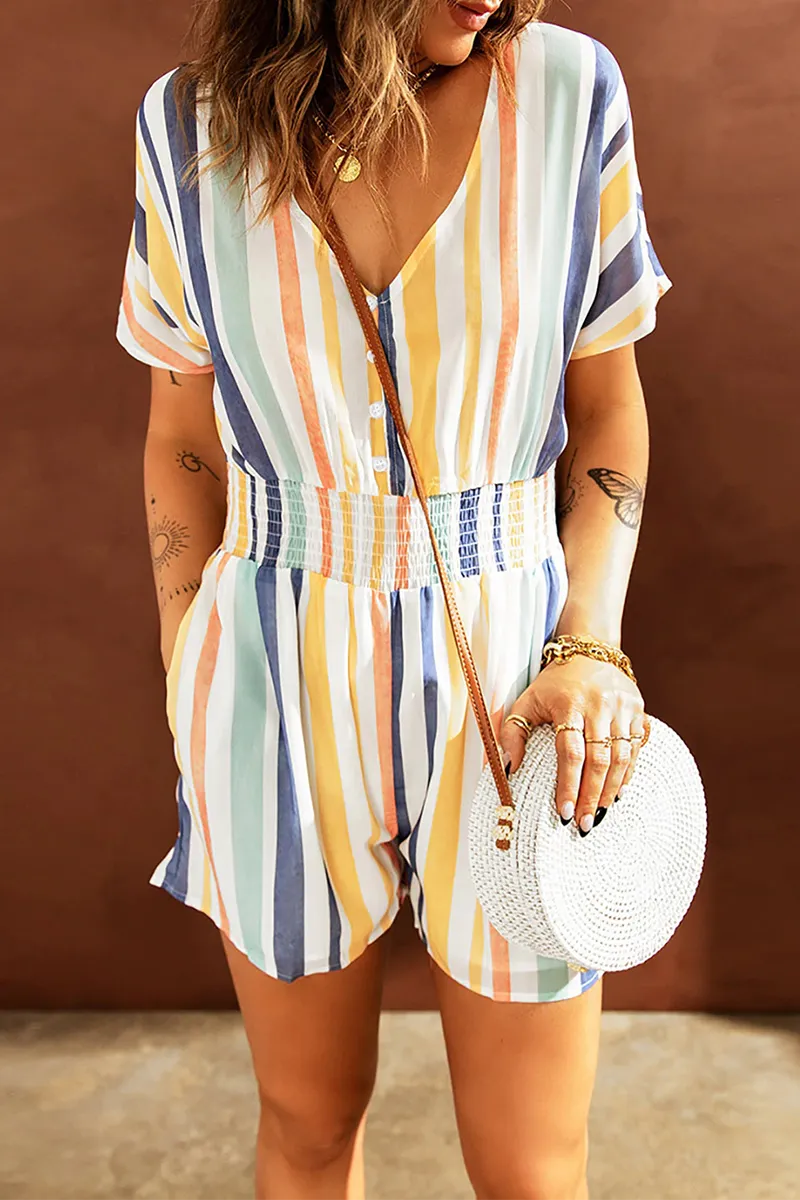 Casual Striped Patchwork V Neck Straight Rompers(5 Colors)