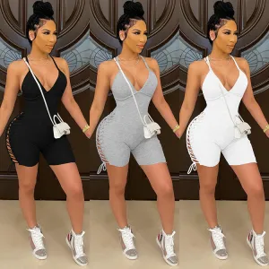 Fashion casual ribbed suspender solid color jumpsuit AY2797