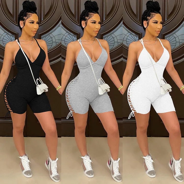 Fashion casual ribbed suspender solid color jumpsuit AY2797