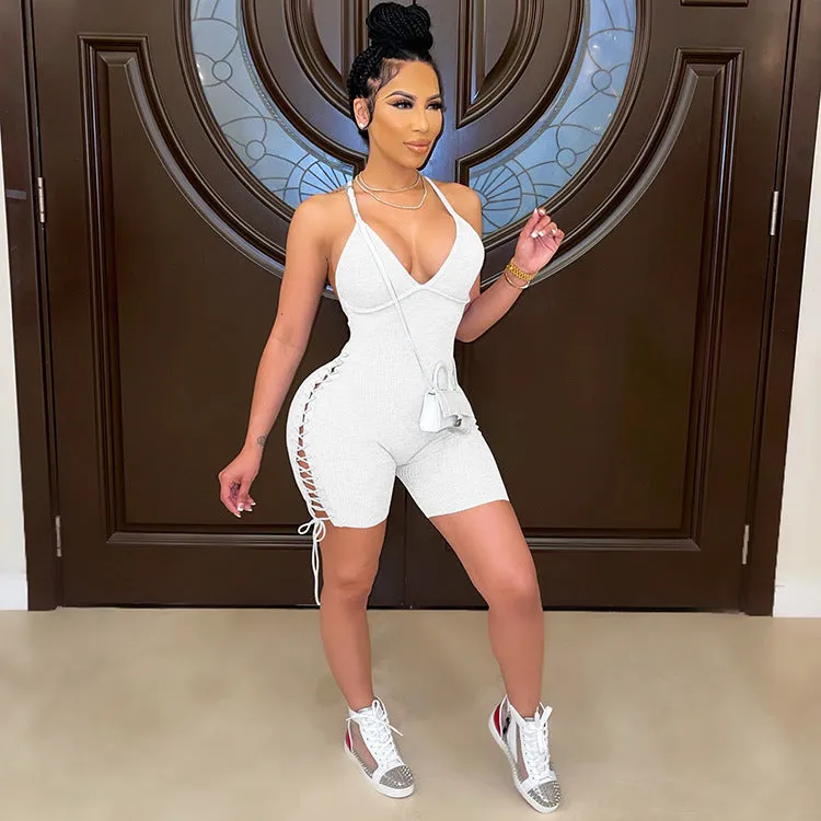 Fashion casual ribbed suspender solid color jumpsuit AY2797
