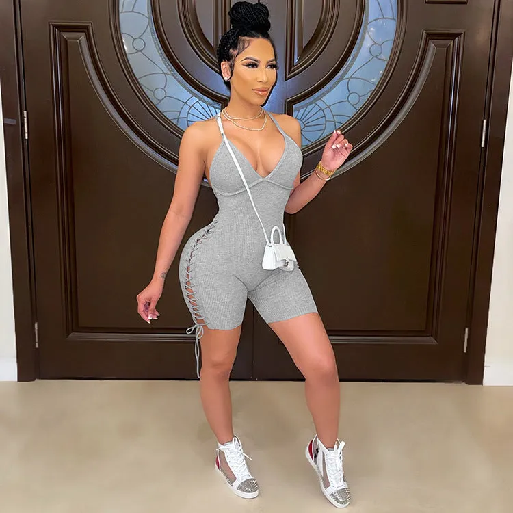 Fashion casual ribbed suspender solid color jumpsuit AY2797