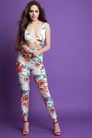 Floral Sleeveless V-Neck Open Midriff Fitted Jumpsuit