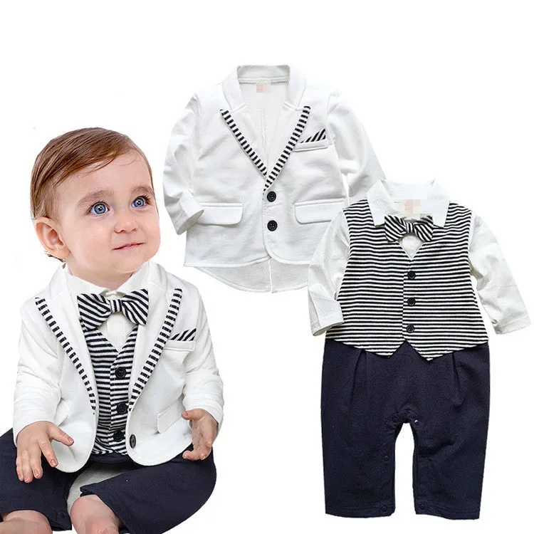 gentleman baby boy clothes white coat  striped rompers clothing set born wedding suit