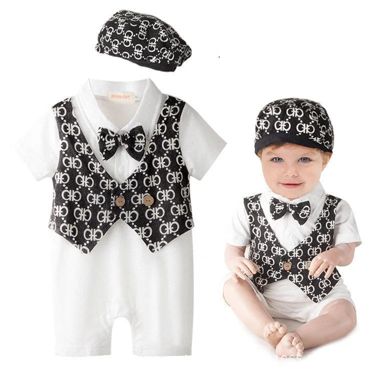 gentleman baby boy clothes white coat  striped rompers clothing set born wedding suit