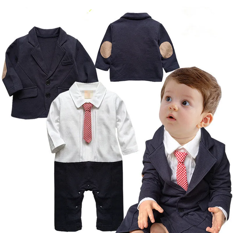 gentleman baby boy clothes white coat  striped rompers clothing set born wedding suit