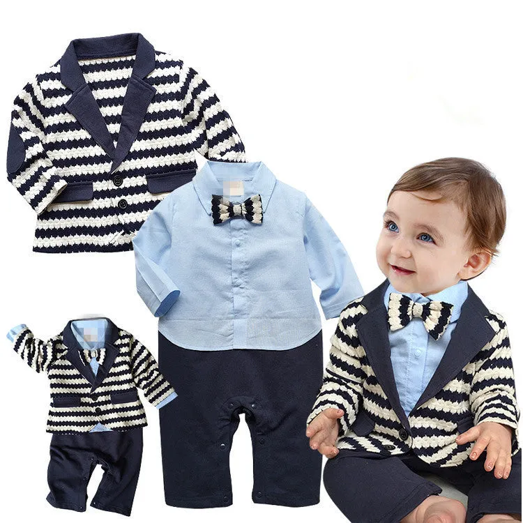 gentleman baby boy clothes white coat  striped rompers clothing set born wedding suit