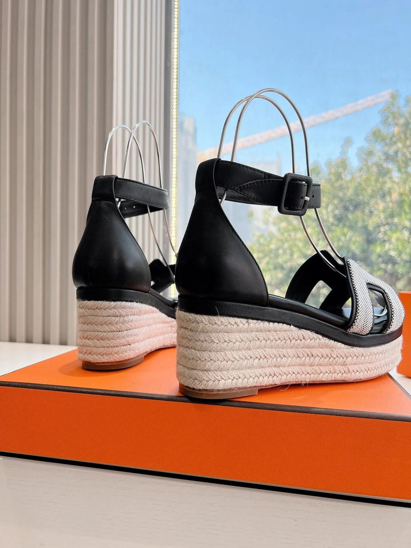 HM 25C Elda espadrille Black Mix White Denim and Goatskin 202832