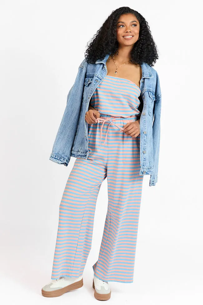 Making My Way Coral and Blue Striped Strapless Jumpsuit