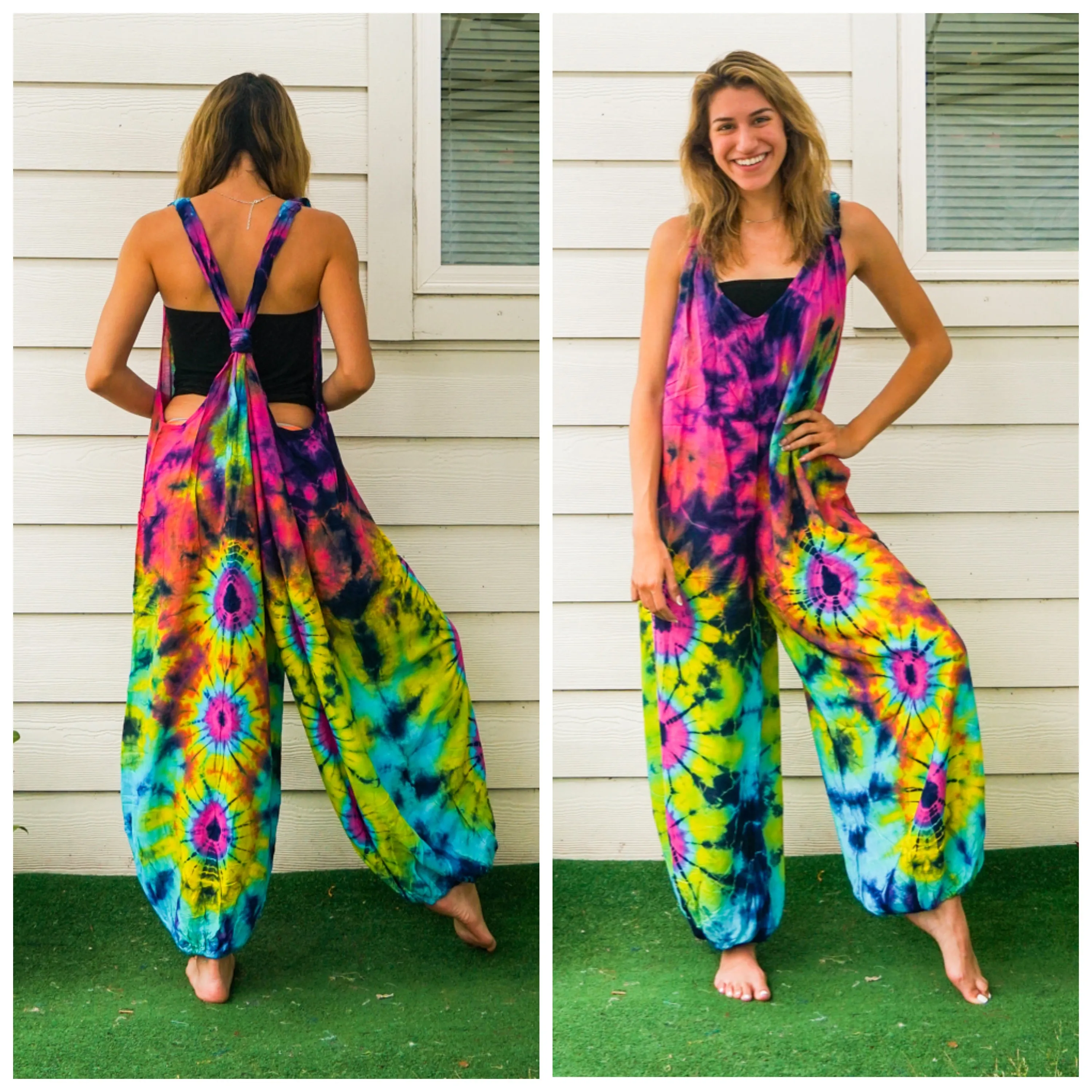 Mandala Pink Eye Hand Dyed  Hippie Racerback Dungarees Jumpsuit Romper