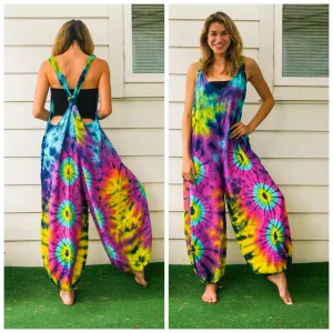 Mandala Yellow Eye Hand Dyed  Hippie Racerback Dungarees Jumpsuit Romper