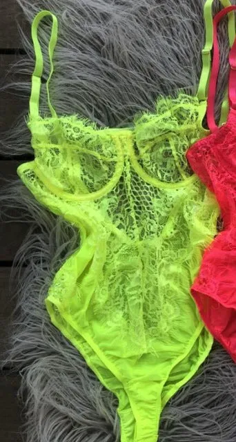 New Neon Colors Fashion Eyelashes Lace Bodysuit