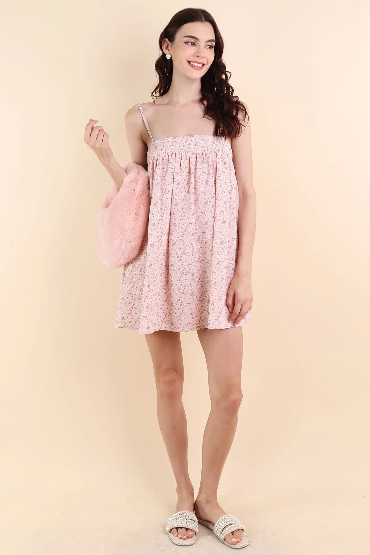 ODETTE FLORAL TRAPEZE ROMPER DRESS IN PINK