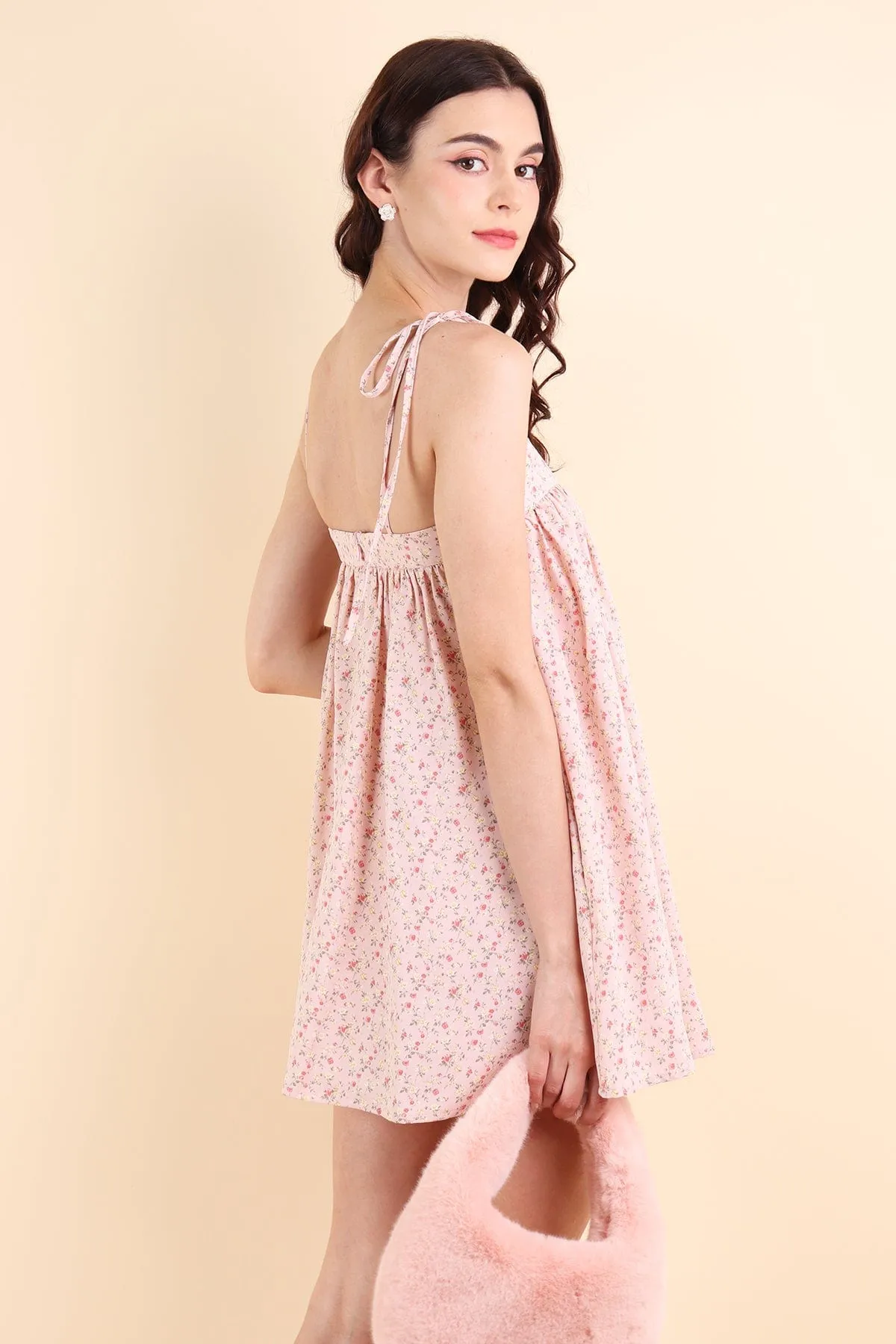 ODETTE FLORAL TRAPEZE ROMPER DRESS IN PINK