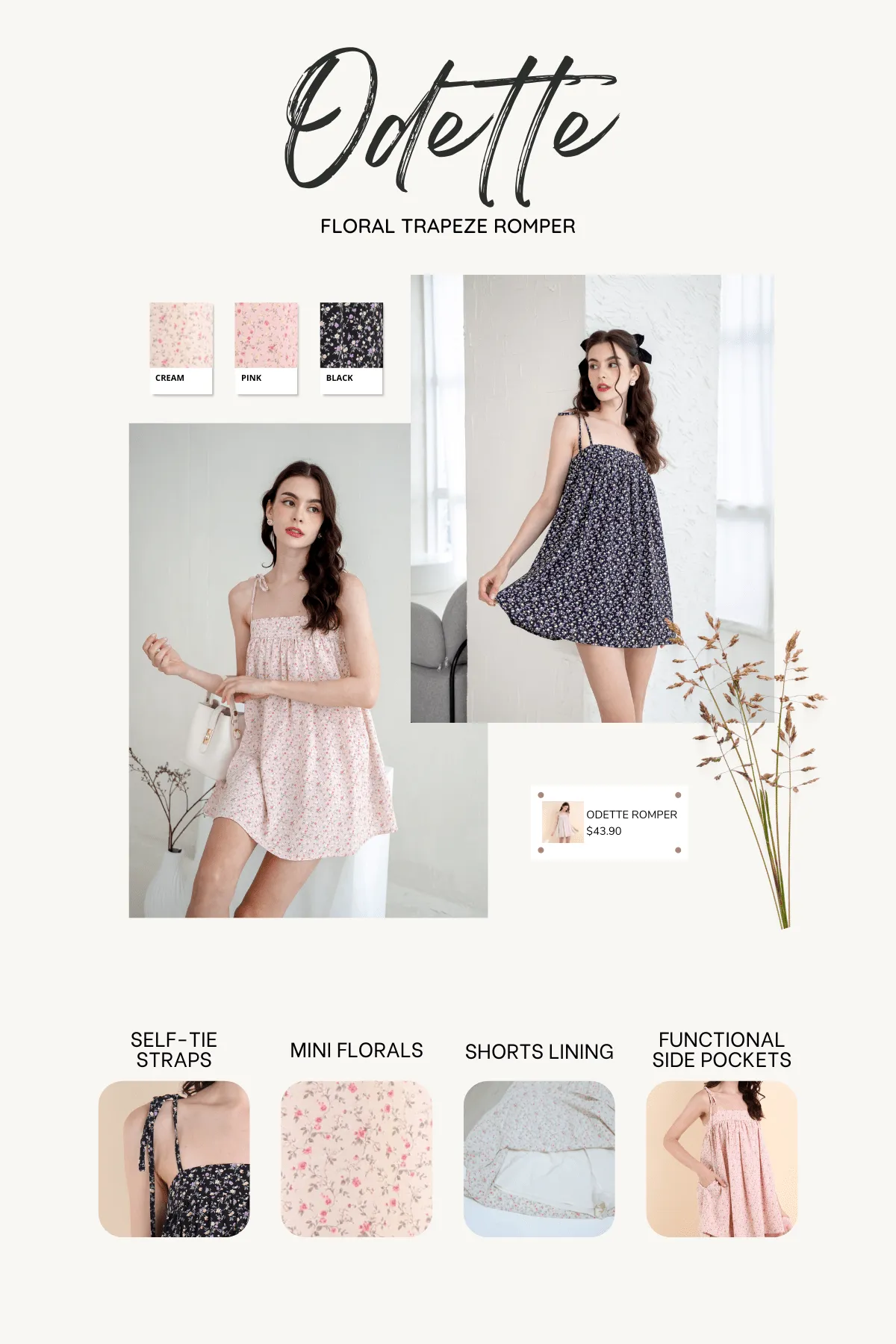 ODETTE FLORAL TRAPEZE ROMPER DRESS IN PINK