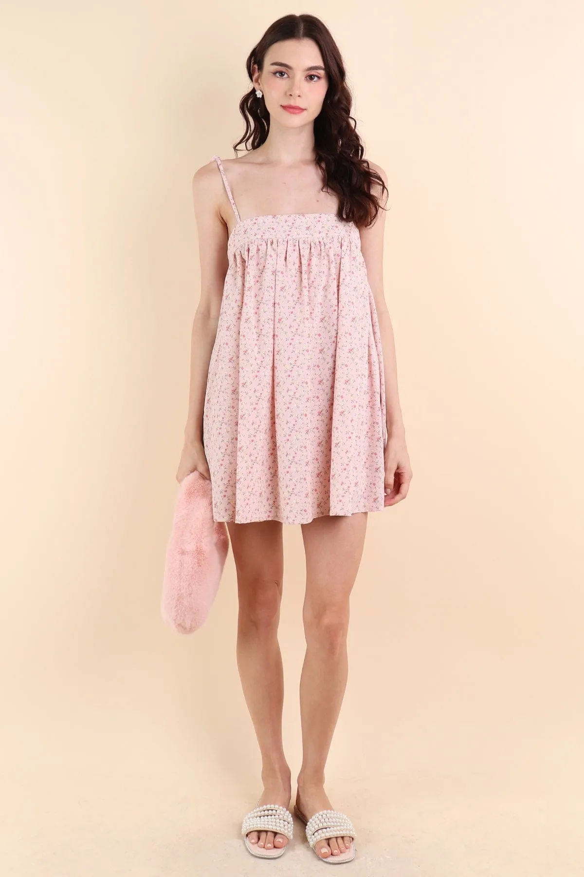 ODETTE FLORAL TRAPEZE ROMPER DRESS IN PINK