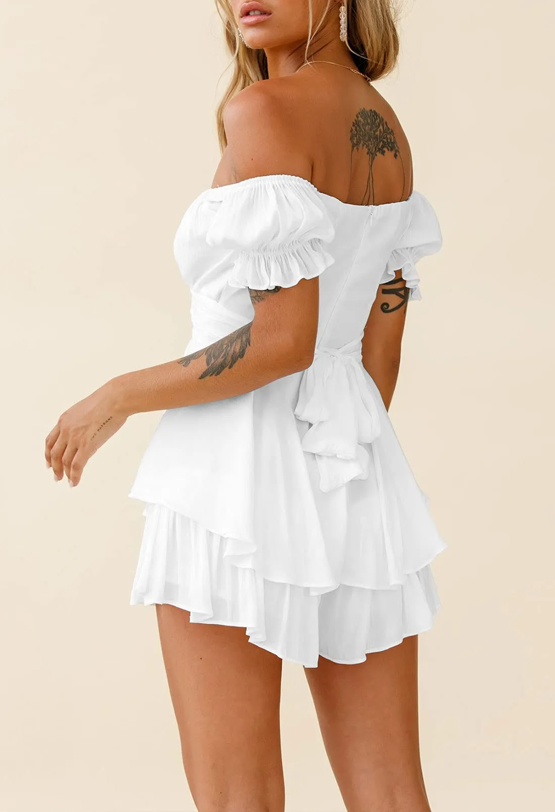 Off Shoulder Ruffle Boho Chiffon Romper for Women Sexy Bare Shoulder Casual Strapless Jumpsuit Beachwear White