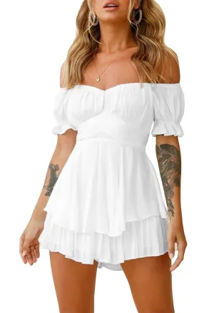 Off Shoulder Ruffle Boho Chiffon Romper for Women Sexy Bare Shoulder Casual Strapless Jumpsuit Beachwear White